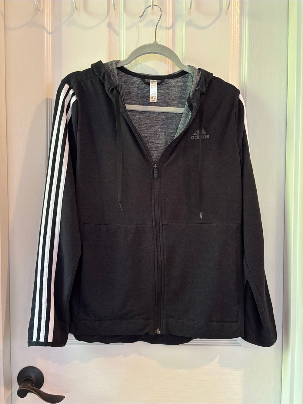 adidas Black Lightweight Full-Zip Hoodie Jacket with White Three-Stripe Sleeves